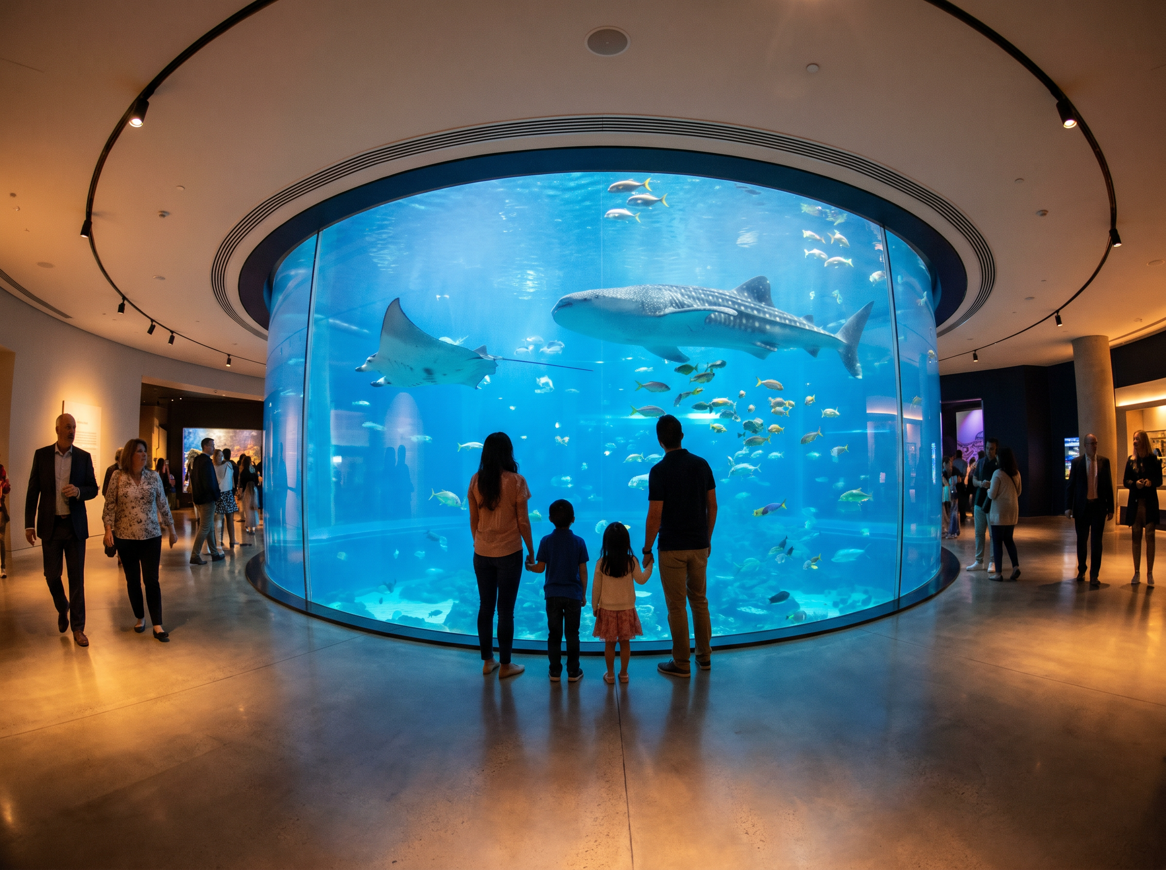 Family viewing whale shark exhibit